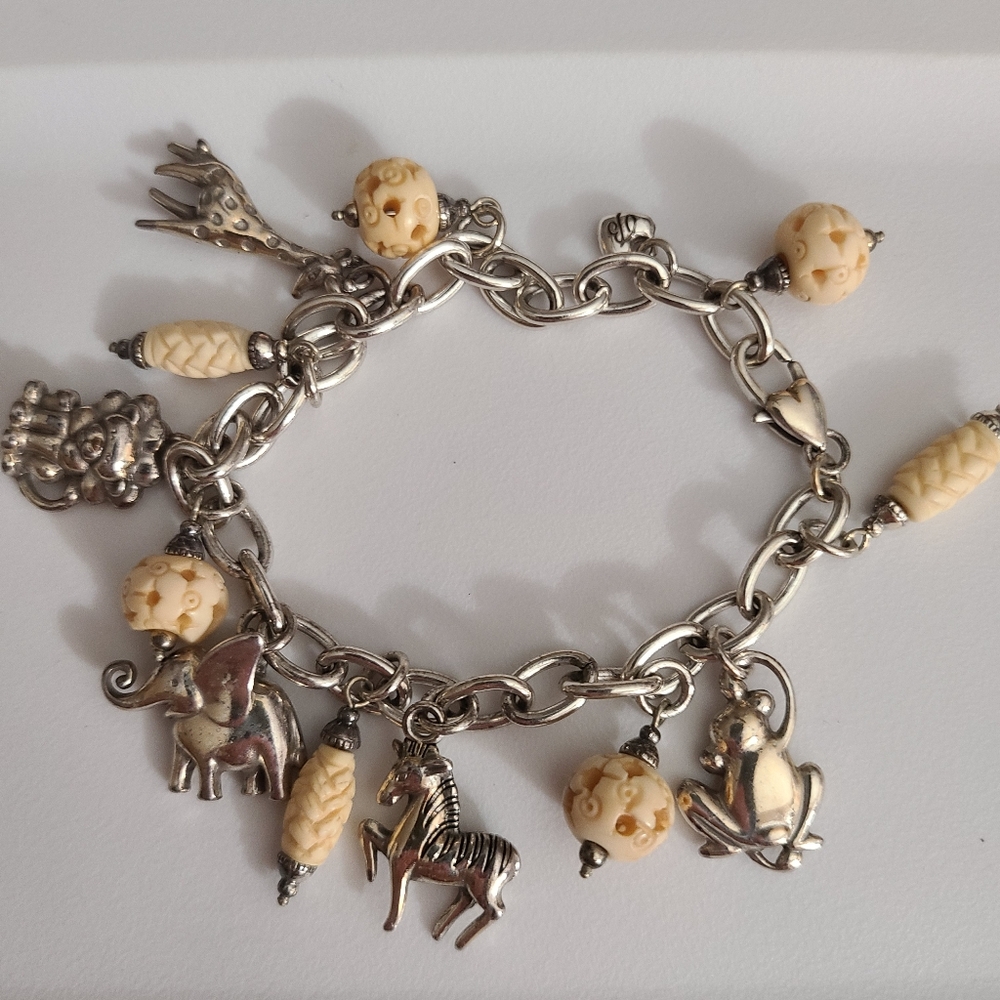 Vintage Brighton Bone Animals Charm Bracelet Safari Monkey Zebra Lion Giraffe